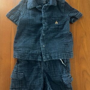 Blue Crinkled Gauze Short Sleeve Shirt and Shorts Set